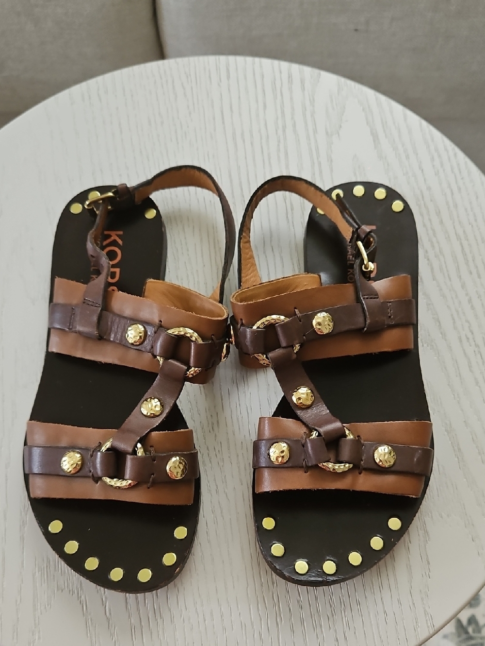 KORS Michael Kors Two-Tone Brown Leather Studded Slingback Sandals